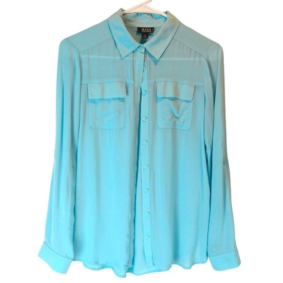 A New Approach a.n.a. Light Blue Rayon Button Down Roll Tab Sleeve Blouse, PS - Picture 1 of 7
